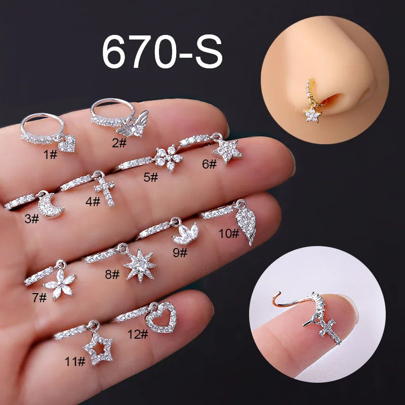 316L Heart Crown Flower CZ Nose Studs Indian Screw Nose Rings