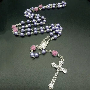 Christian Glass Beads Pendant Cross Rosary Necklace