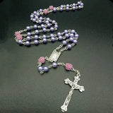 Christian Glass Beads Pendant Cross Rosary Necklace