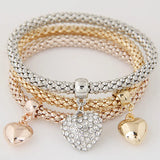 Vintage Heart Pendant Charm Bracelet Rhinestone Cuff for Women