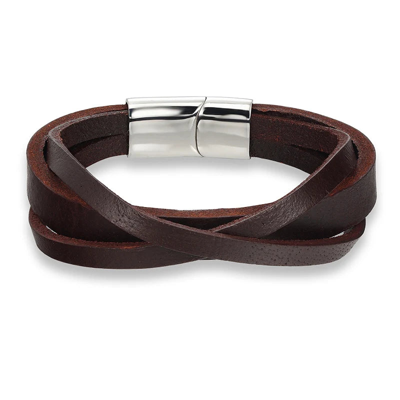 Stainless Steel Chain Leather Bracelet Men 21.00cm Vintage Jewelry