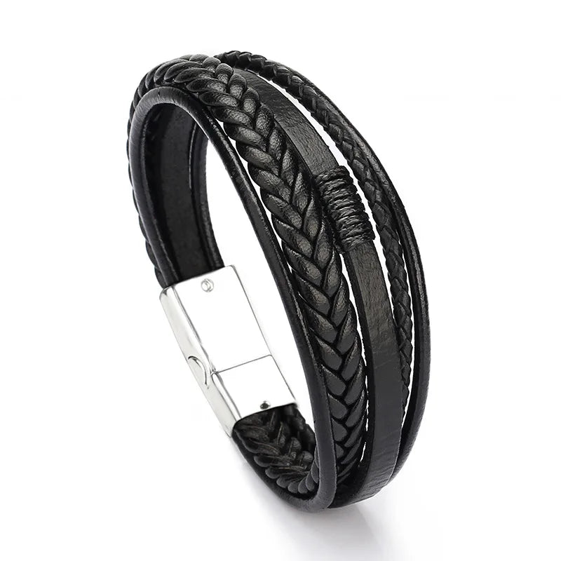 Men's Leather Bracelet Magnetic-Clasp Cowhide Braided Wrap