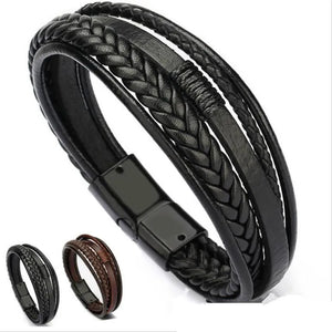 Men's Leather Bracelet Magnetic-Clasp Cowhide Braided Wrap