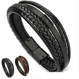 Men's Leather Bracelet Magnetic-Clasp Cowhide Braided Wrap