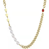 Red Crystal Star Necklace with Pearl Chain