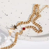 Red Crystal Star Necklace with Pearl Chain