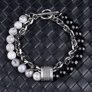 Men's Tiger Eye Stone Beaded Bracelet Stainless Steel Gunmetal Link Chain