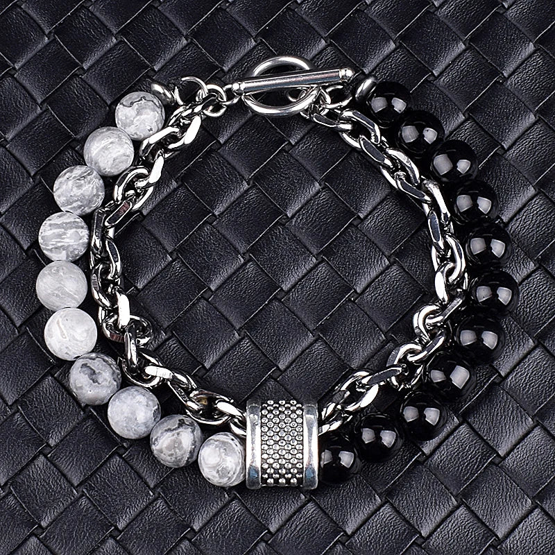Men's Tiger Eye Stone Beaded Bracelet Stainless Steel Gunmetal Link Chain