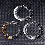 Men's Tiger Eye Stone Beaded Bracelet Stainless Steel Gunmetal Link Chain