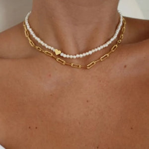 Pearl Love Heart Pendant Paperclip Golden Chain Bead Charm Party Necklace