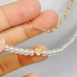 Pearl Love Heart Pendant Paperclip Golden Chain Bead Charm Party Necklace