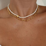 Pearl Love Heart Pendant Paperclip Golden Chain Bead Charm Party Necklace