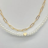 Pearl Love Heart Pendant Paperclip Golden Chain Bead Charm Party Necklace