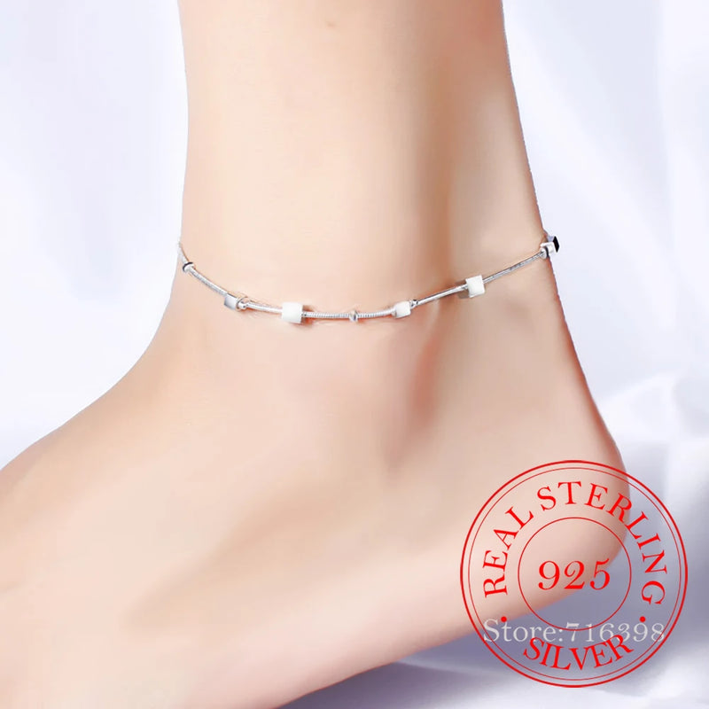 Square Beads Anklet 925 Sterling Silver Foot Leg Chain Fine Jewelry