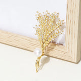 14K Plated Natural Pearl Wheat Plant CZ Brooch