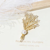 14K Plated Natural Pearl Wheat Plant CZ Brooch