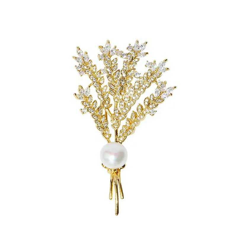 14K Plated Natural Pearl Wheat Plant CZ Brooch