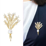 14K Plated Natural Pearl Wheat Plant CZ Brooch