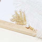 14K Plated Natural Pearl Wheat Plant CZ Brooch