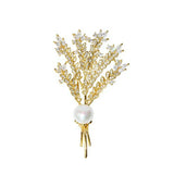 14K Plated Natural Pearl Wheat Plant CZ Brooch
