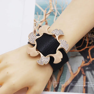 Crystal Cuff Leather Bracelet Women Wide Punk Jewelry