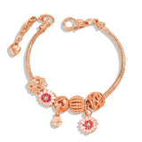 Pink Daisy Flower Charms Stainless Steel Bracelet Metal Balls Chain Love Heart