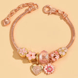 Pink Daisy Flower Charms Stainless Steel Bracelet Metal Balls Chain Love Heart
