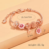 Pink Daisy Flower Charms Stainless Steel Bracelet Metal Balls Chain Love Heart