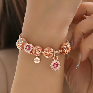 Pink Daisy Flower Charms Stainless Steel Bracelet Metal Balls Chain Love Heart