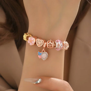 Stainless Steel Snake Chain Bracelet with Heart Flower Charm