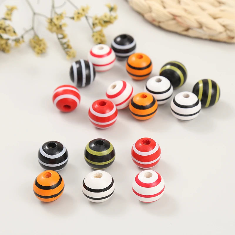 20Pcs 16mm Striped Wooden Beads Halloween Party Decoration Children's Toys
