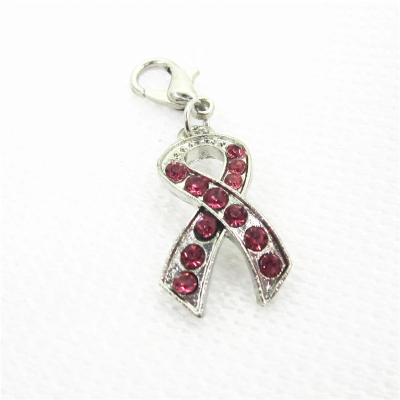 20pcs Pink Crystal Cancer Awareness Ribbon Dangle Charm DIY Bracelet Jewelry