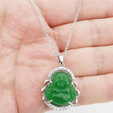 Buddha Green Jade Stone Pendant Necklace with Rhinestone Inlay