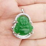 Buddha Green Jade Stone Pendant Necklace with Rhinestone Inlay
