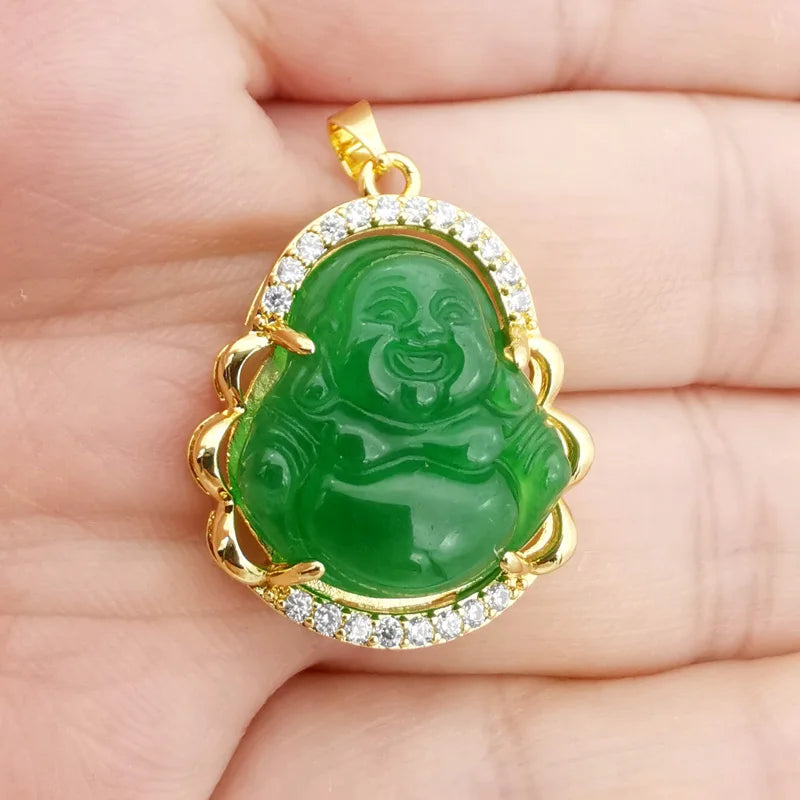 Buddha Green Jade Stone Pendant Necklace with Rhinestone Inlay