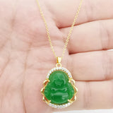 Buddha Green Jade Stone Pendant Necklace with Rhinestone Inlay
