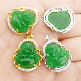 Buddha Green Jade Stone Pendant Necklace with Rhinestone Inlay