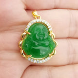 Buddha Green Jade Stone Pendant Necklace with Rhinestone Inlay