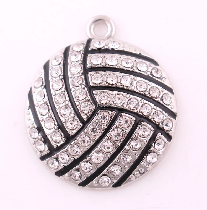 Rhodium Plated Crystal Enamel Volleyball Sports Pendants x10