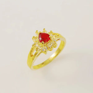24K Pure Women Wedding Ring Plated Red Stone Exquisite Flower Finger Rings