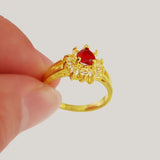24K Pure Women Wedding Ring Plated Red Stone Exquisite Flower Finger Rings