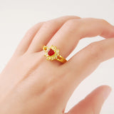 24K Pure Women Wedding Ring Plated Red Stone Exquisite Flower Finger Rings