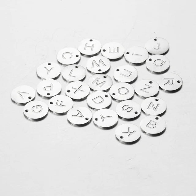 26Pcs 12mm Round Engrave Letter Charms Stainless Steel Initials DIY Jewelry