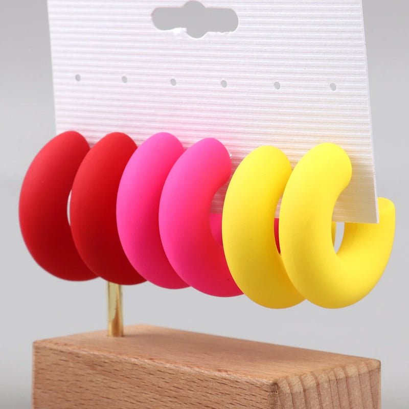3 Pair/Set Neon Circle Acrylic Hoop Earrings C-Shape Geometric Statement Jewelry