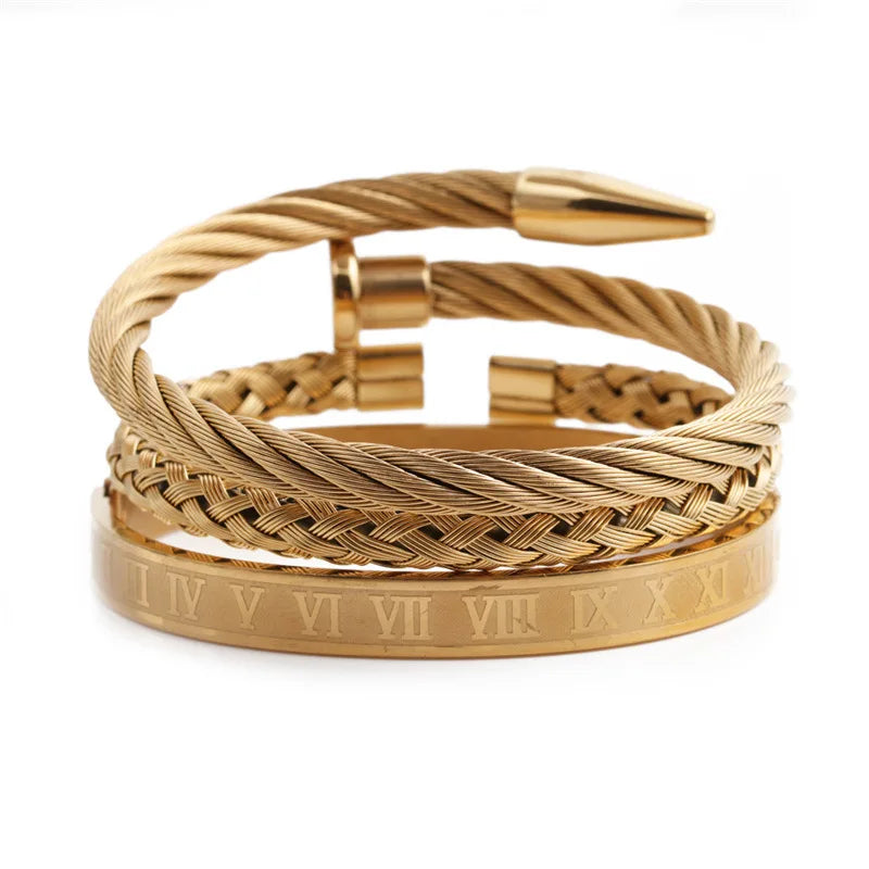 3 Pcs Mesh Weaving Romen Number Bracelet Set For Men