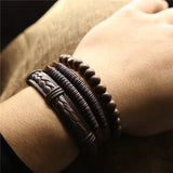 3 Pcs/set Multilayer Leather Bracelets Wood Beads Men Women Gift Jewelry