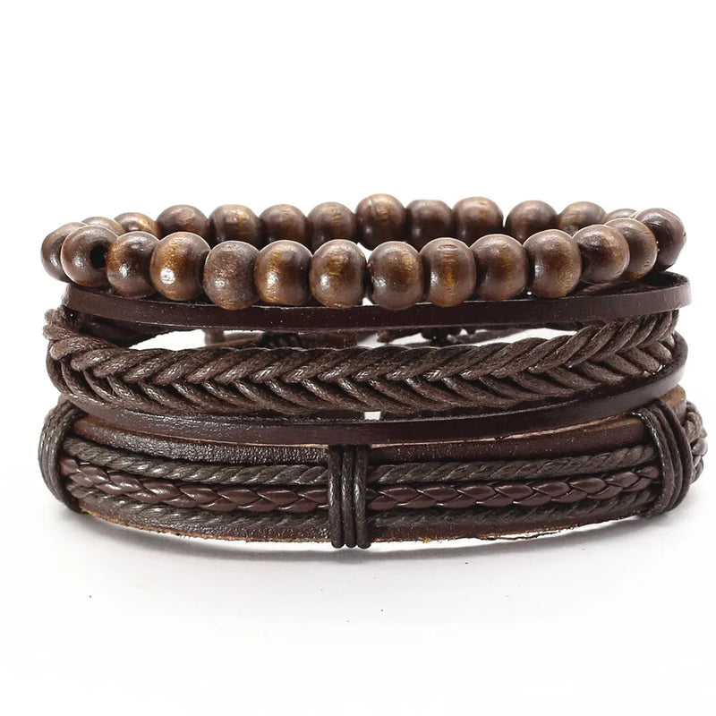 3 Pcs/set Multilayer Leather Bracelets Wood Beads Men Women Gift Jewelry