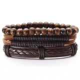 3 Pcs/set Multilayer Leather Bracelets Wood Beads Men Women Gift Jewelry