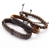 3 Pcs/set Multilayer Leather Bracelets Wood Beads Men Women Gift Jewelry
