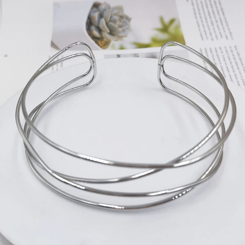 Punk Silver Alloy Torques Choker Necklaces for Women Geometric Collar Necklace